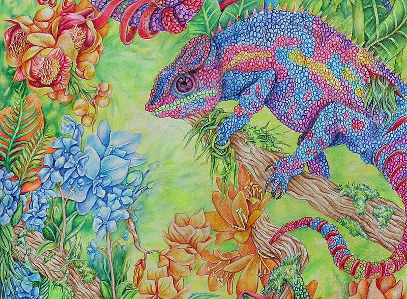 Chameleon, art, lizard, exotic, green, flower, jamie forbes, blue, pink, HD wallpaper