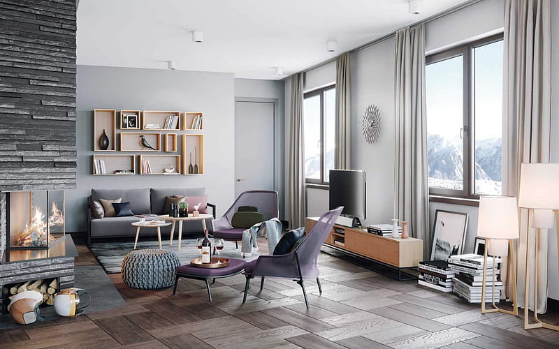 gray room, fireplace, gray furniture, modern interiors, modern design, living room, HD wallpaper