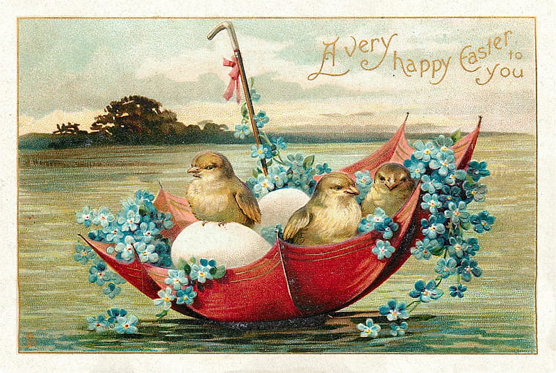 Happy Easter!, chicks, blue, vintage, card, red, umbrella, easter, spring, retro, cute, water, flower, HD wallpaper