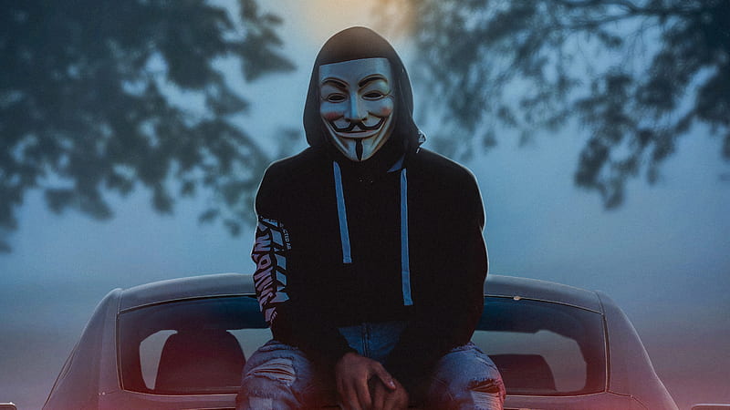 Man Wearing Guy Fawkes Mask While Sitting On Car , mask, anonymus, graphy, HD wallpaper