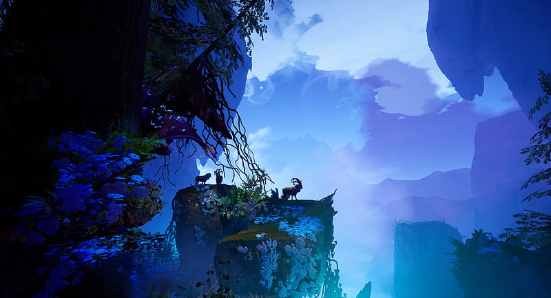 Big Growth Forest, fantasy, goat, luminos, tyler smith, silhouette, blue, forest, art, frumusete, animal, HD wallpaper