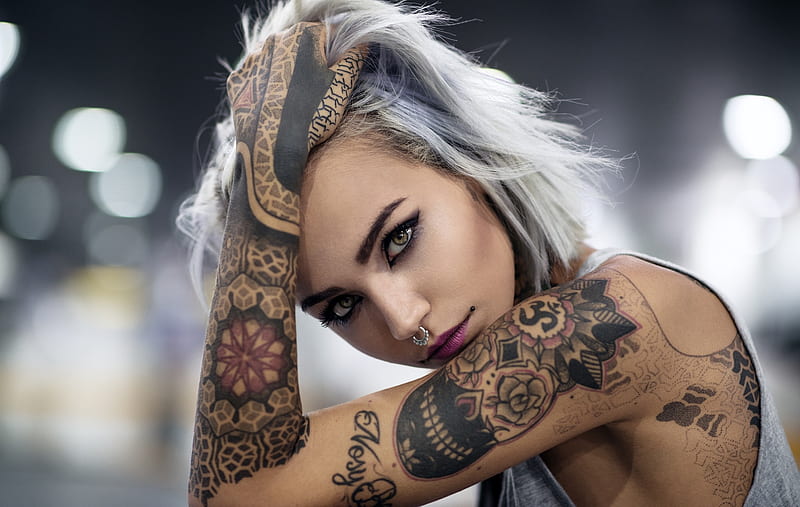 Beauty, girl, model, tattoo, hand, face, woman, HD wallpaper