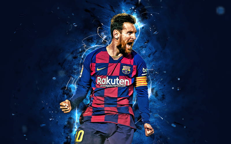 Lionel Messi, 2020, Barcelona FC, La Liga, goal, argentinian footballers, FCB, football stars, Messi, Leo Messi, blue neon lights, Barca, soccer, LaLiga, Spain, HD wallpaper
