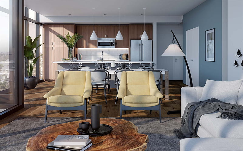 living room, stylish interior, kitchen, dining room, stylish armchairs, modern interior design, HD wallpaper