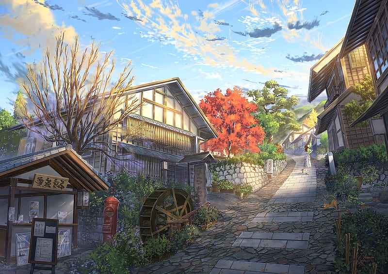 buildings, village, anime landscape, scenic, clouds, clouds, summer, cat, Anime, HD wallpaper