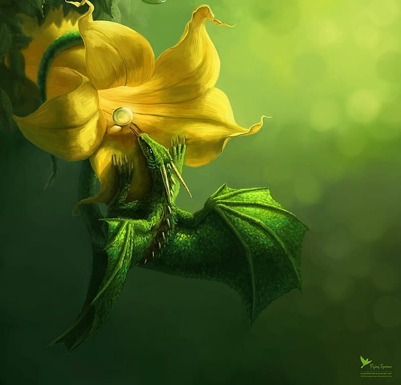 It's a tiny world, art, fantasy, luminos, green, flying sparrow, flower, yellow, dragon, HD wallpaper