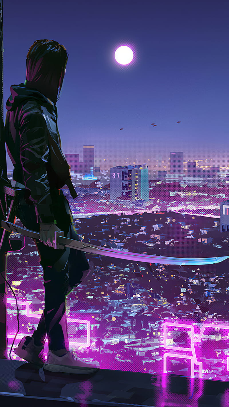 Neon Ninja, city, katana, HD phone wallpaper