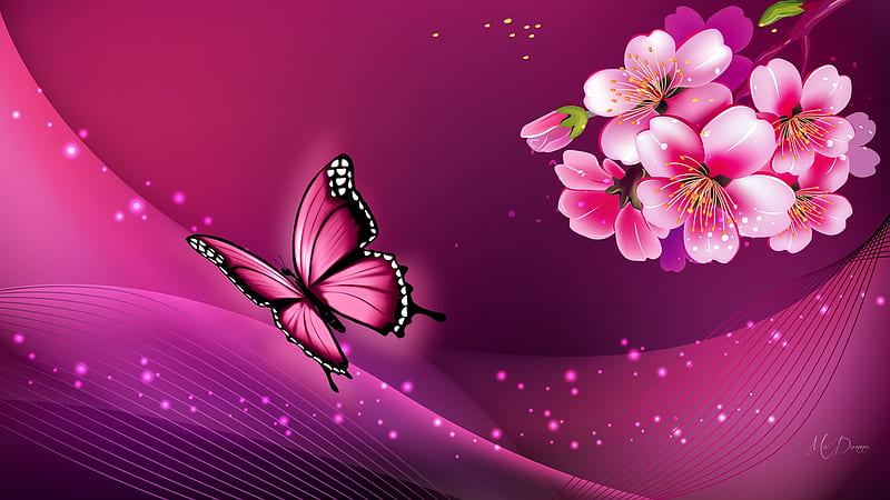 Apple Blossoms Butterfly, glow, spring, apple blossoms, sparkle, butterfly, bright, summer, sakaura, flowers, pink, Firefox Persona theme, HD wallpaper