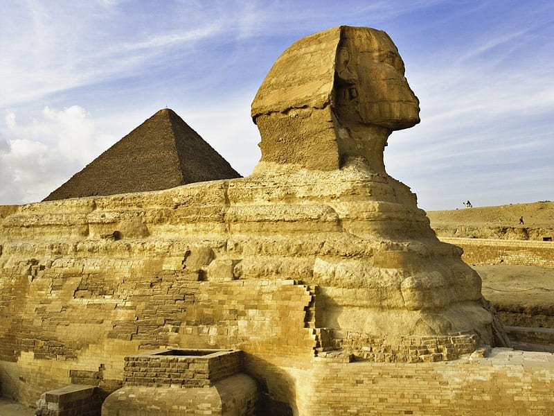 Sphinx and the Pyramids, sphinex, pyramid, ancient, egypt, HD wallpaper