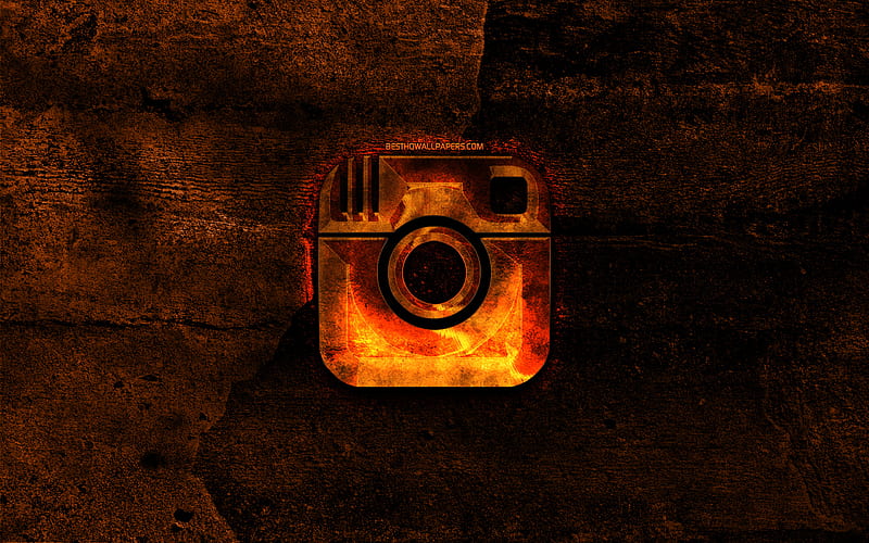 Instagram fiery logo, orange stone background, Instagram, creative, Instagram logo, brands, HD wallpaper