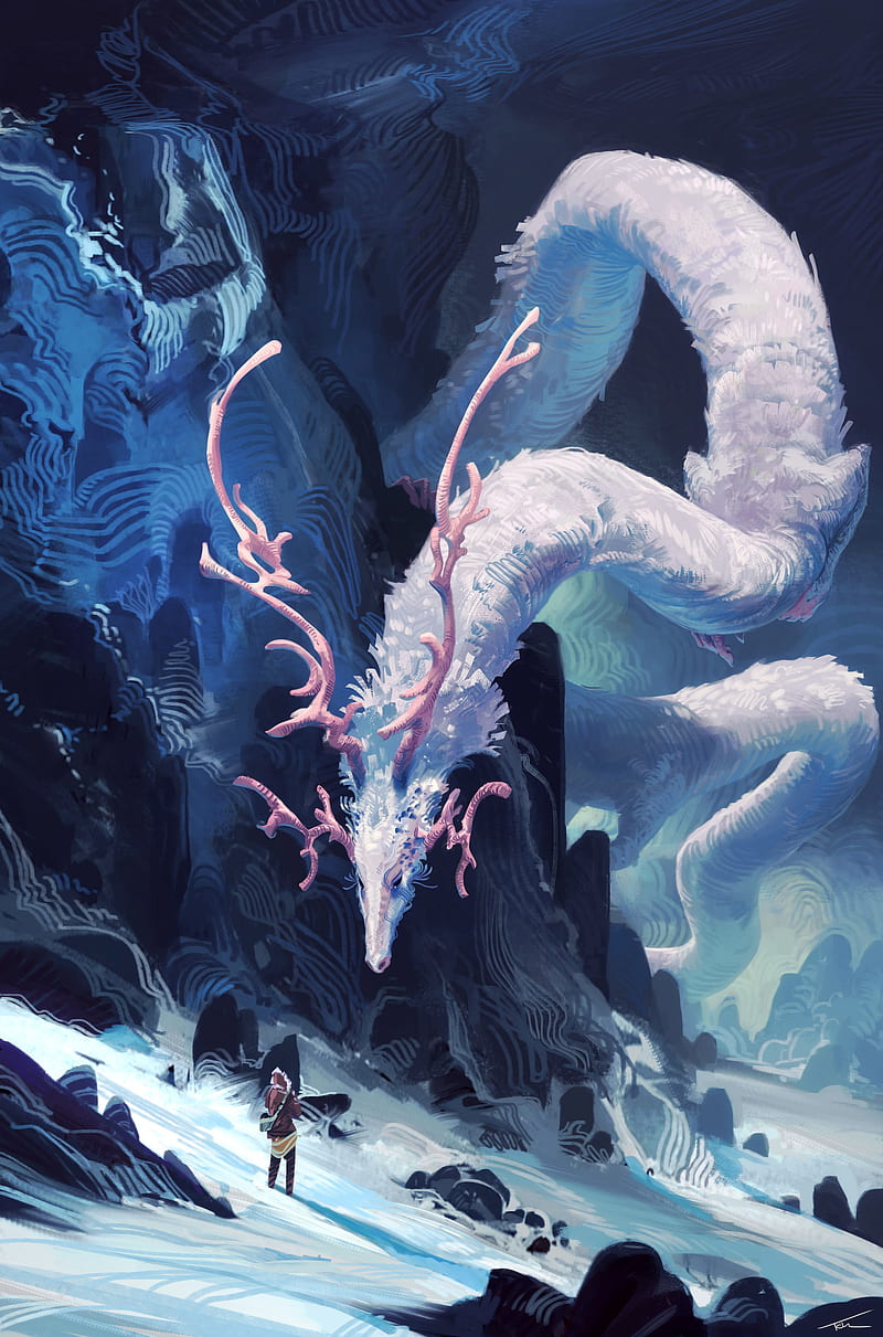 colorful, dragon, antlers, mountains, snow, fantasy art, Thomas Chamberlain - Keen, HD phone wallpaper