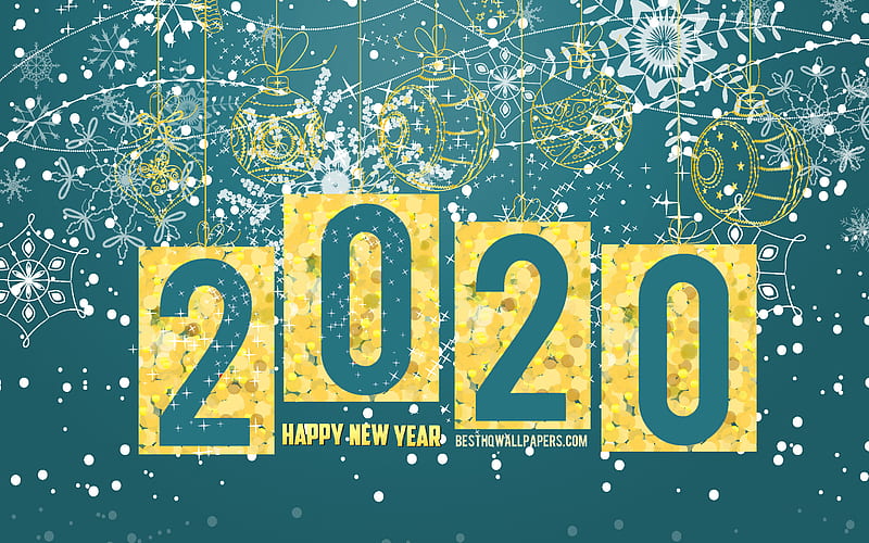 2020 New Year, 2020 Turquoise Christmas background, Happy New Year 2020, 2020 concepts, Turquoise 2020 background, golden christmas balls, HD wallpaper