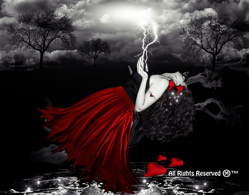 Take Me Away, red, tattoos, black, butterflies, trees, waters, lightning, girl, darkness, nature, white, branches, HD wallpaper