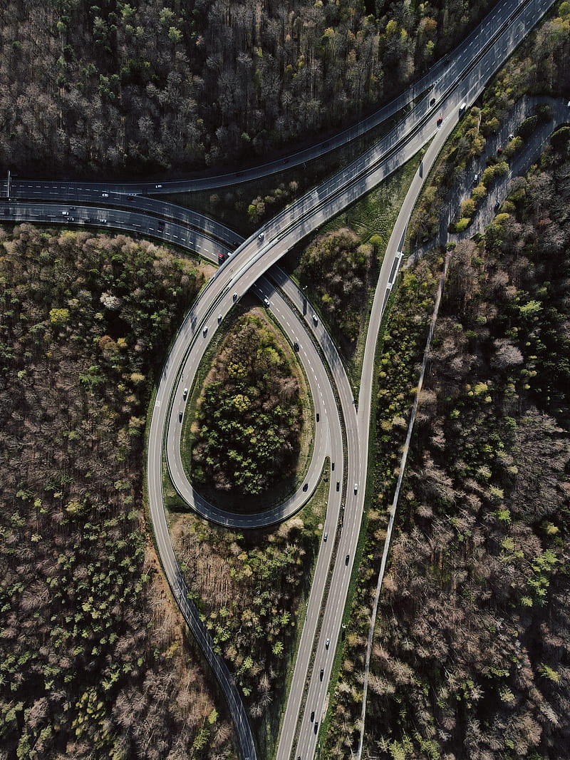 road, forest, junction, tangled, aerial view, HD phone wallpaper