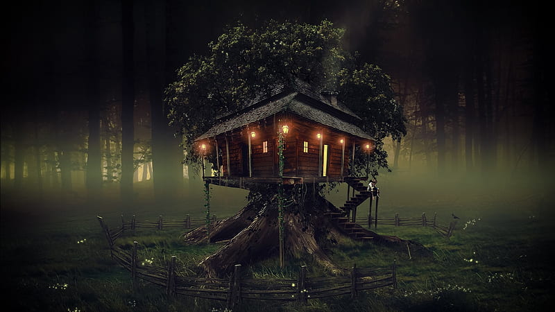 Treehouse, forest, fantasy, tree, house, luminos, dark, lights, night, HD wallpaper