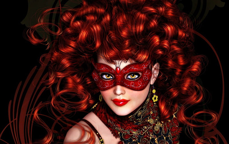 Ready for masquerade, red, witch, redhead, sorceress, woman, masquerade, fantasy, girl, beauty, vampire, mask, gorgeous, HD wallpaper