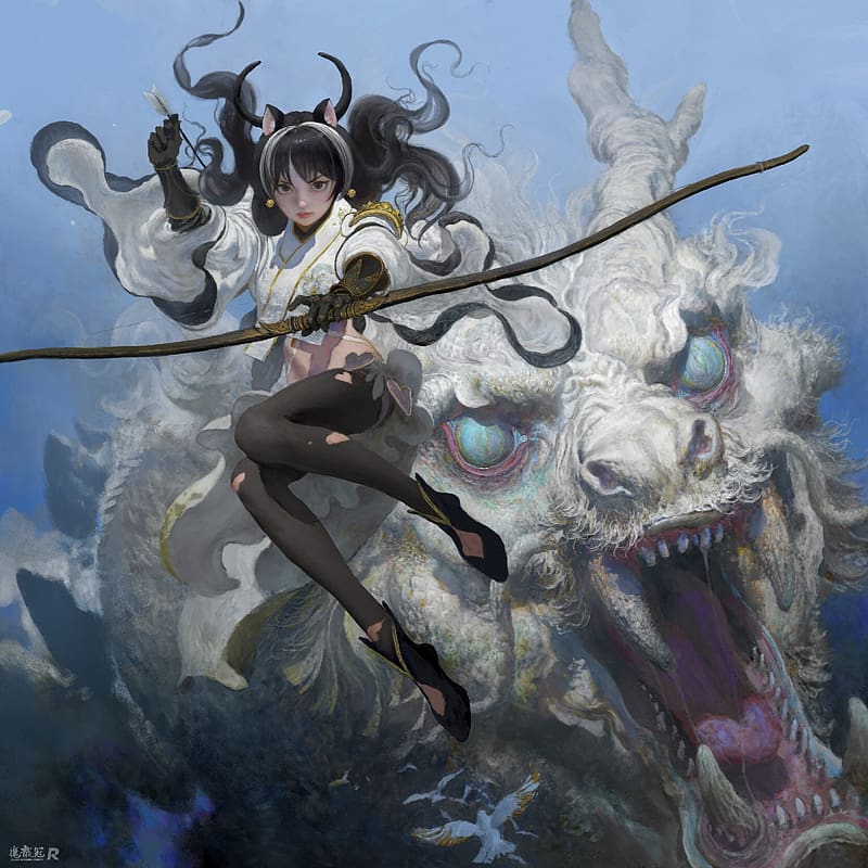 Girl and dragon, ruan jia, fantasy, dragon, blue, aet, girl, art, HD wallpaper
