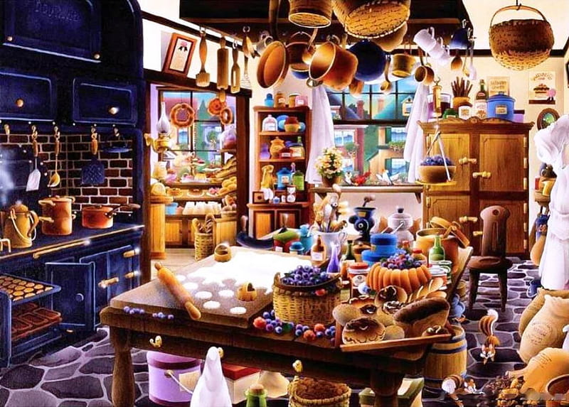 The Bakery, taple, cake, accessories, oven, kitchen, artwork, HD wallpaper