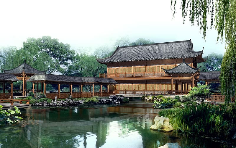 Water, Building, Vegetation, Pagoda, Garden, Pond, Artistic, Oriental, HD wallpaper