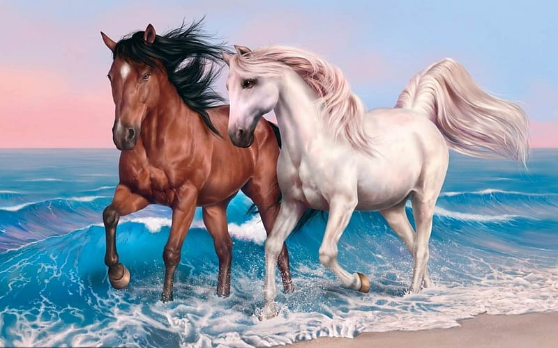 Horses Running On The Beach, White, Water, Brown, Horses, HD wallpaper