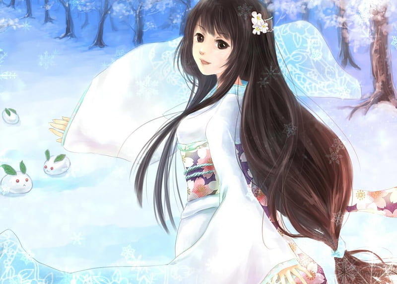 snow maiden, female, japanese, kimono, winter, japan, girl, snow, snowflakes, anime, yukata, anime girl, white, long hair, black hair, HD wallpaper