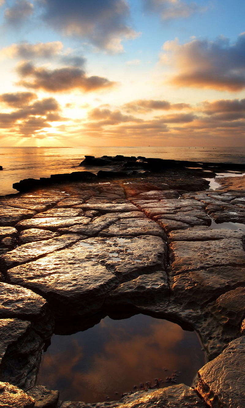 Rocks, beach, hole, landscape, sea, sunset, water, HD phone wallpaper