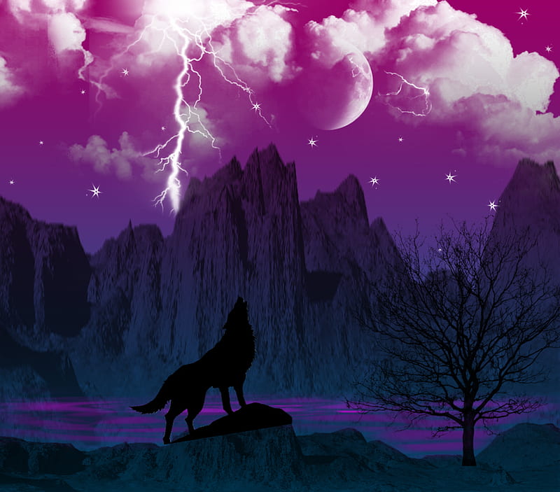 The Call Of The Wolf, stars, lighting, clouds, skies, darkness, mountains, howls, moonlight, wolf, night, HD wallpaper