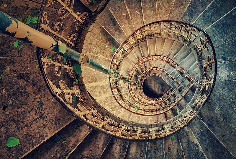 Staircase, view from the top, swirl, brown, stairs, abstract, texture, spiral, HD wallpaper