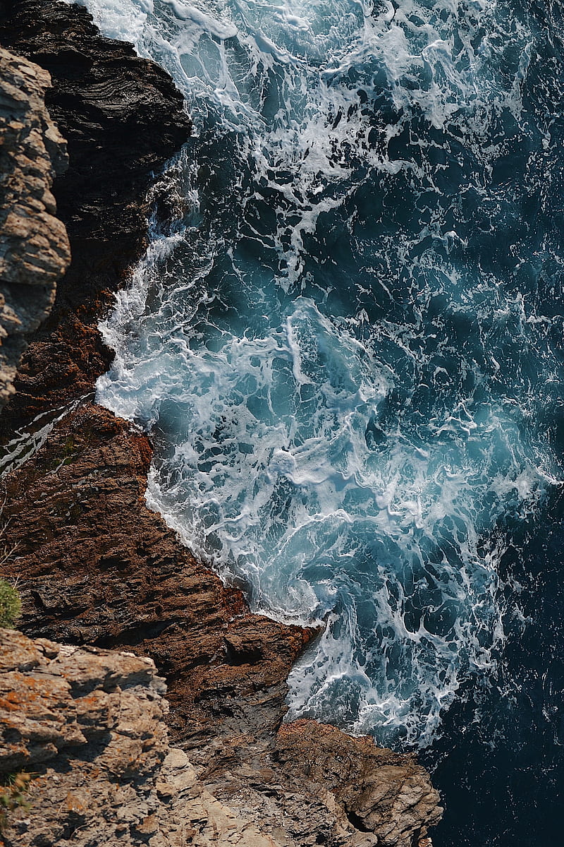 Waves and Rocks, aerial shot, beach, blue, brown, nature, rock, shore, water, waves, wild, HD phone wallpaper