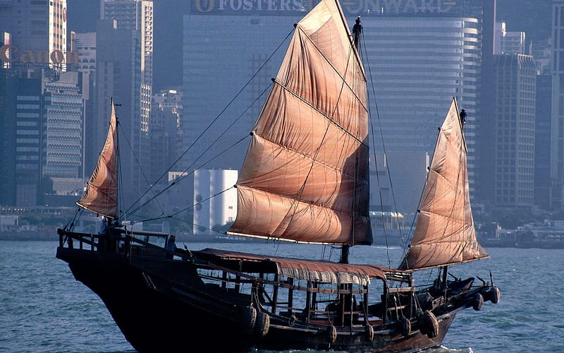 boat, chinese junk, sail, hong kong, HD wallpaper