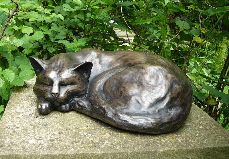 Cat, brass, animal, leaf, monument, green, statue, stone, nature