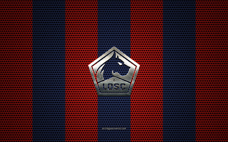 LOSC Lille logo, French football club, metal emblem, red-blue white metal mesh background, LOSC Lille, Ligue 1, Lille, France, football, HD wallpaper