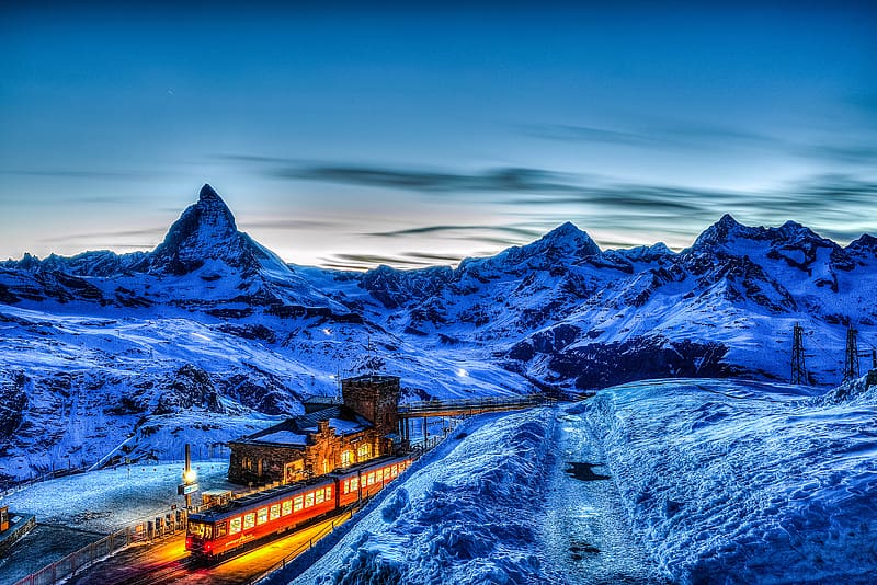 Winter, Snow, Mountain, Alps, Switzerland, Train, Matterhorn, Vehicles, HD wallpaper