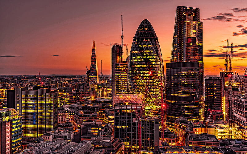 London, 30 St Mary Axe, Swiss Re Building, The Gherkin, City of London, skyscrapers, 33 Canada Square, Citigroup Centre, evening, sunset, England, London cityscape, London skyscrapers, UK, HD wallpaper