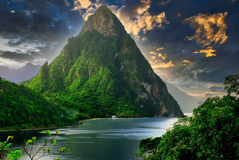 The Pitons, St. Lucia, Sea, Trees, Mountains, Islands, Volcanoes, Clouds, Rocks, Nature, HD wallpaper