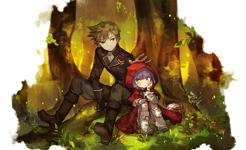 Don't Worry Lil' Red, forest, little red riding hood, male, boots, purple hair, trees, red cape, basket, anime, friends, HD wallpaper