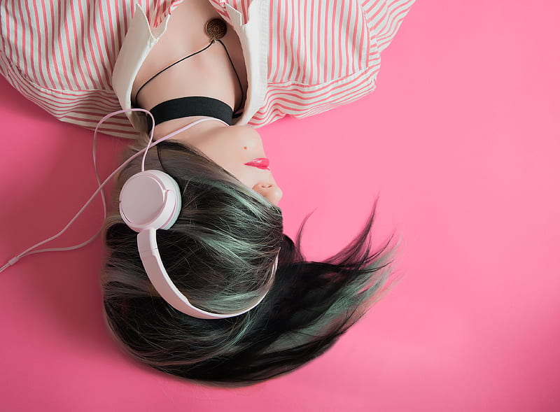 headphones, girl, music lover, pink, hair, HD wallpaper