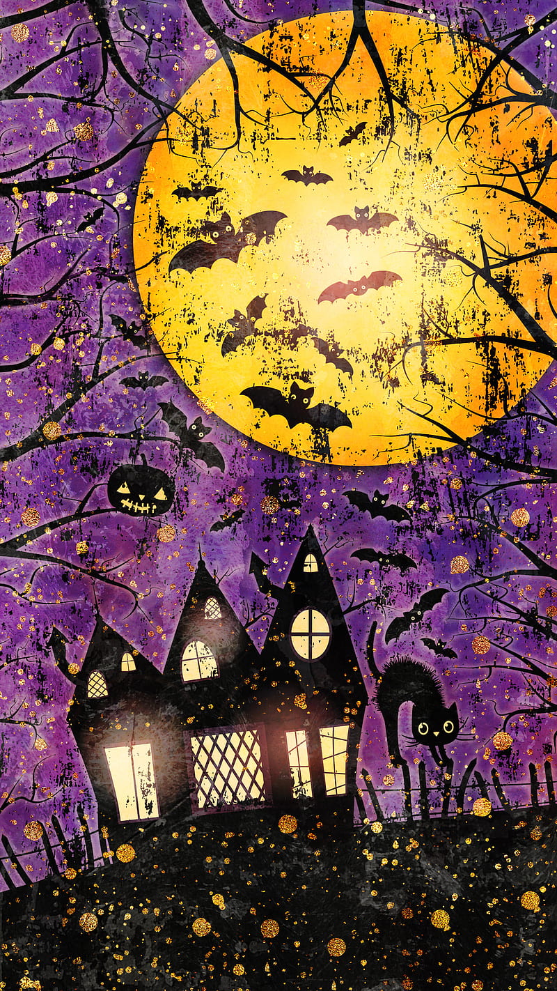 Spooky Haunted House, Adoxali, Halloween, October, Spooky, autumn, background, bat, black, castle, cat, color, creepy, day of the dead, evil, fence, flying, fright, glowing, haunted, horror, house, illustration, light, lit, mansion, moon, night, party, scary, scene, treat, tree, trick, watercolor, HD phone wallpaper
