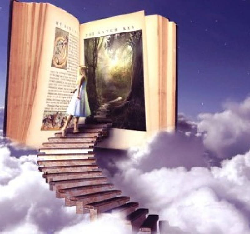 The Latch Key, girl, book, digital, stairs, nature, clouds, artwork, door, HD wallpaper