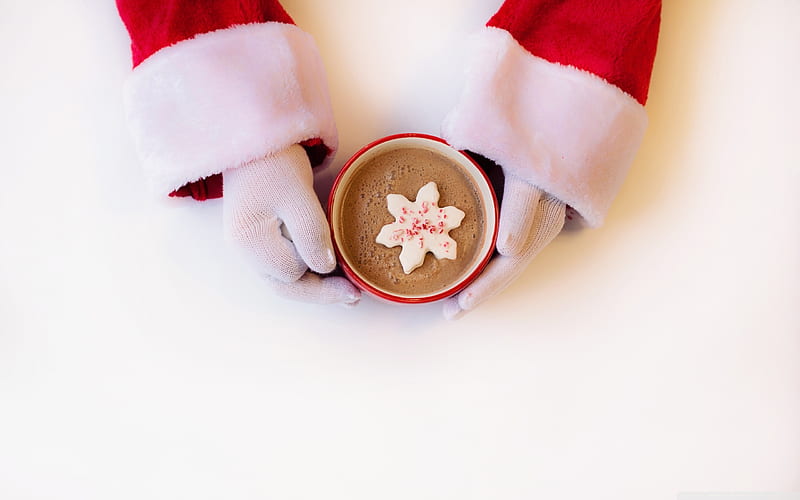 Merry Christmas!, red, craciun, christmas, hot chocolate, santa, hand, cup, golves, white, HD wallpaper