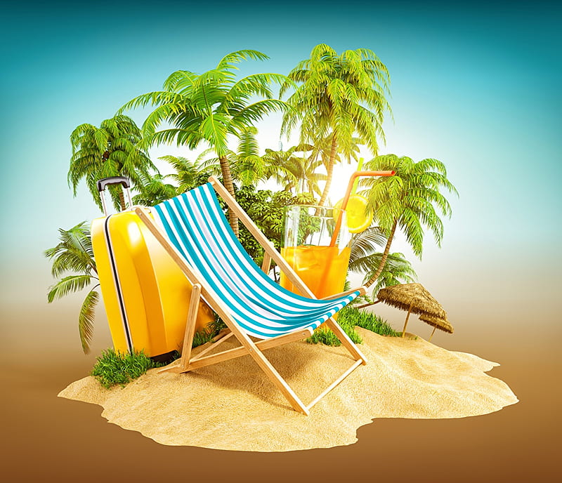 Deck chair, beach, Palm trees, Armchair, Suitcase, HD wallpaper