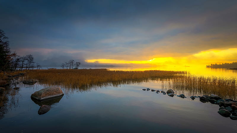 Lakes, Lake, Reed, Sky, Stone, Sunset, HD wallpaper