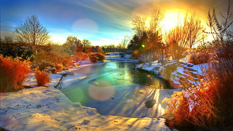 Stunning Nature, sun, water, snow, waterfall, nature, reflection, trees ...