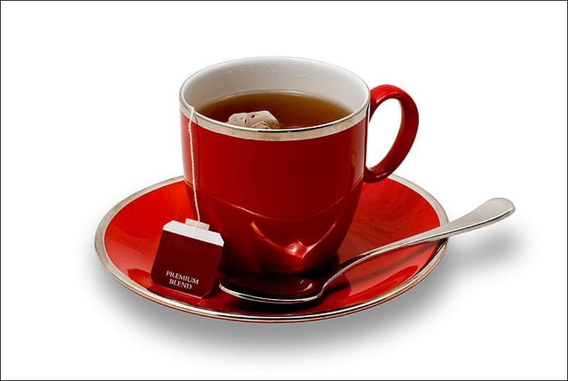 red tea cup, red, pretty, spoon, aroma, tea, nice, soucer, cup, color, HD wallpaper