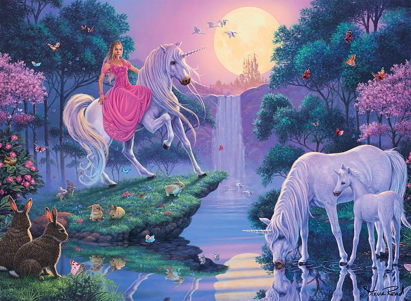 Princess and unicorns, water, fantasy, girl, unicorn, pink, princess, white, blue, green, HD wallpaper