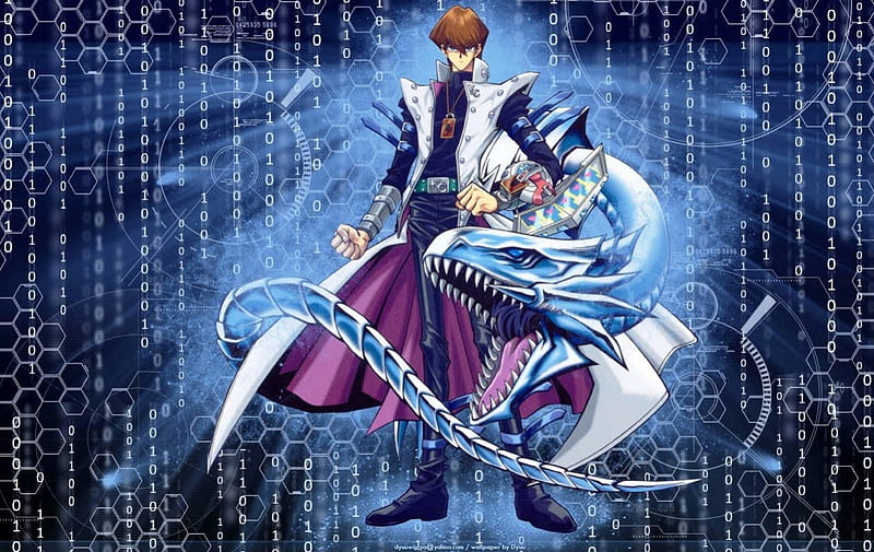 Seto Kaiba, games, tail, video games, dragon, trench coat, kaiba, blue background, blue eyes white dragon, anime, yugioh, yu-gi-oh, HD wallpaper