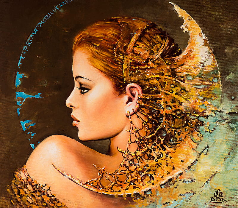 Fantasy girl by Karol Bak, moon, fantasy, orange, luminos, girl, pictura, karol bak, art, painting, face, HD wallpaper