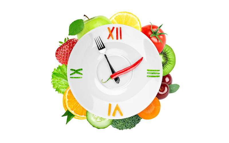 diet concepts, creative clock, fruit, food diary concepts, food, HD wallpaper