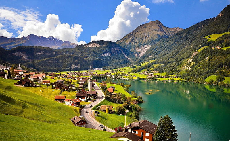Lake lungern, village, Switzerland, mountains, lake, HD wallpaper | Peakpx