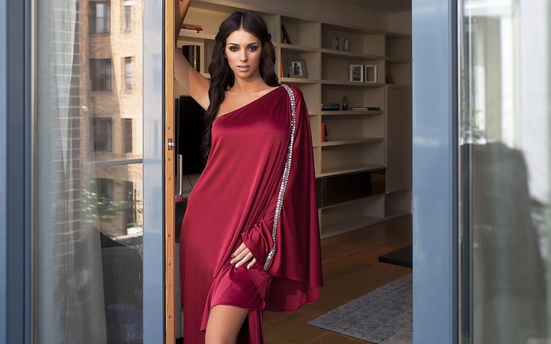 Georgia Salpa, hoot, greek fashion model, beautiful burgundy dress, brunette, HD wallpaper